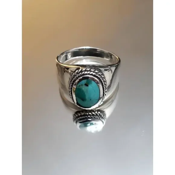 Genuine Turquoise Men's Ring, Sterling Silver 925 Stamped Ring, Signet Band